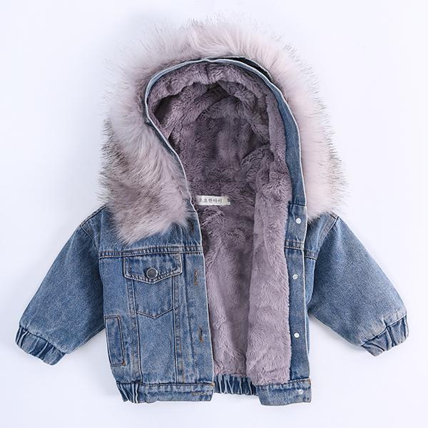 2 Colors Fashion Baby Toddler  Winter Fur Denim Jacket Pink and Gray - dianjiang-