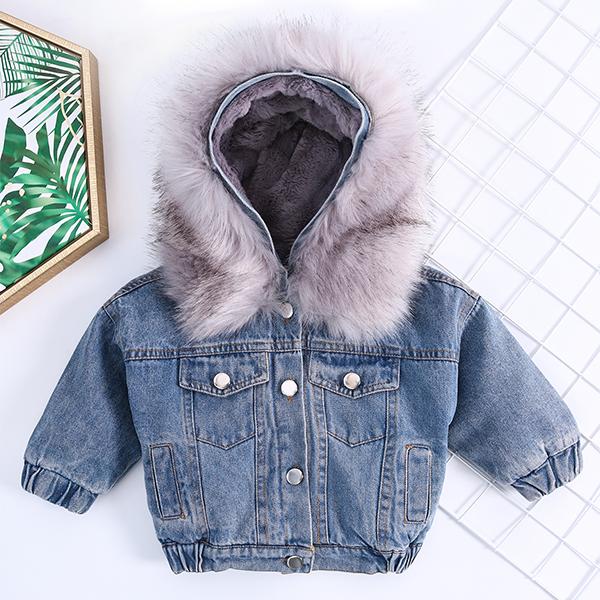 2 Colors Fashion Baby Toddler  Winter Fur Denim Jacket Pink and Gray - dianjiang-