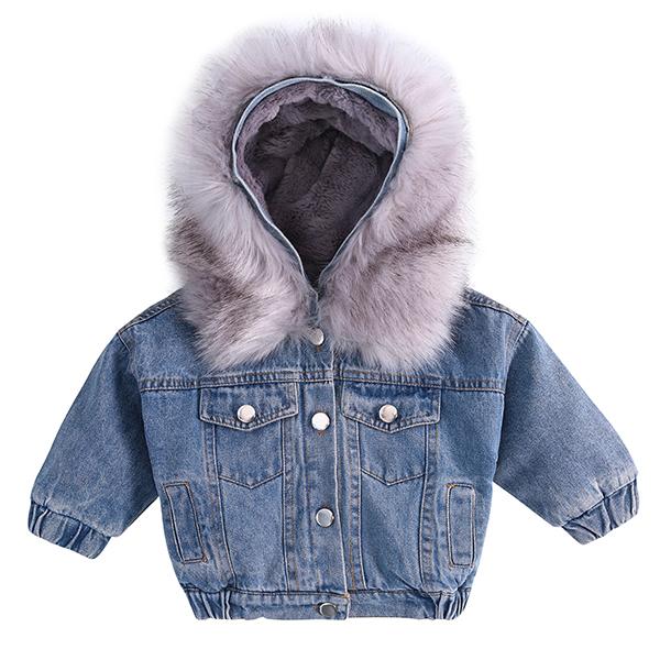 2 Colors Fashion Baby Toddler  Winter Fur Denim Jacket Pink and Gray - dianjiang-