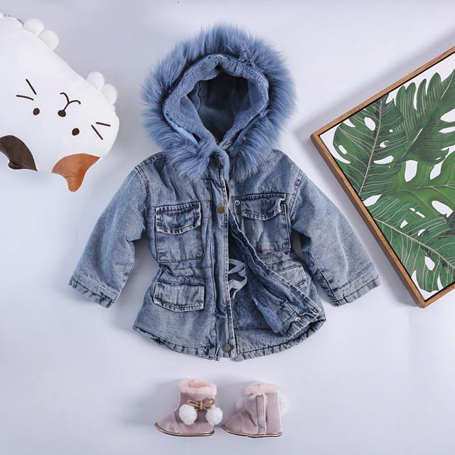 2 Colors Winter Stylish Denim Fur Hooded Winter Coat Jacket Pink and Blue - dianjiang-