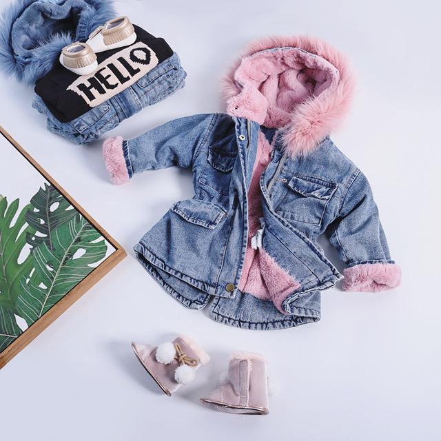 2 Colors Winter Stylish Denim Fur Hooded Winter Coat Jacket Pink and Blue - dianjiang-