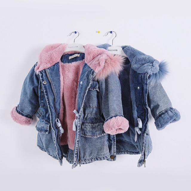 2 Colors Winter Stylish Denim Fur Hooded Winter Coat Jacket Pink and Blue - dianjiang-