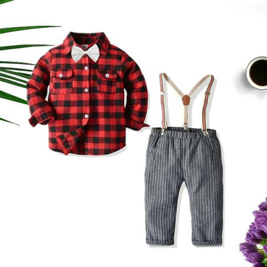 4-Piece Stylish Little Boys Checked Bow Shirt and Suspender Pants - dianjiang-