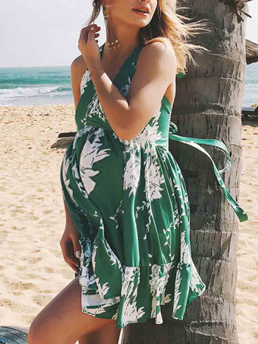 Maternity V-Neck Backless Beach Casual Print Dress - dianjiang-