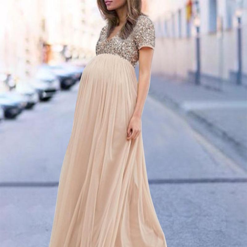 Maternity V Neck Maxi Tulle Dress With Tonal Delicate Sequins - dianjiang-