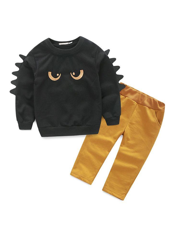 Cartoon Style Baby Little Boys 2-piece Outfit Black Sweatshirt Jumper+Yellow Pants - dianjiang-