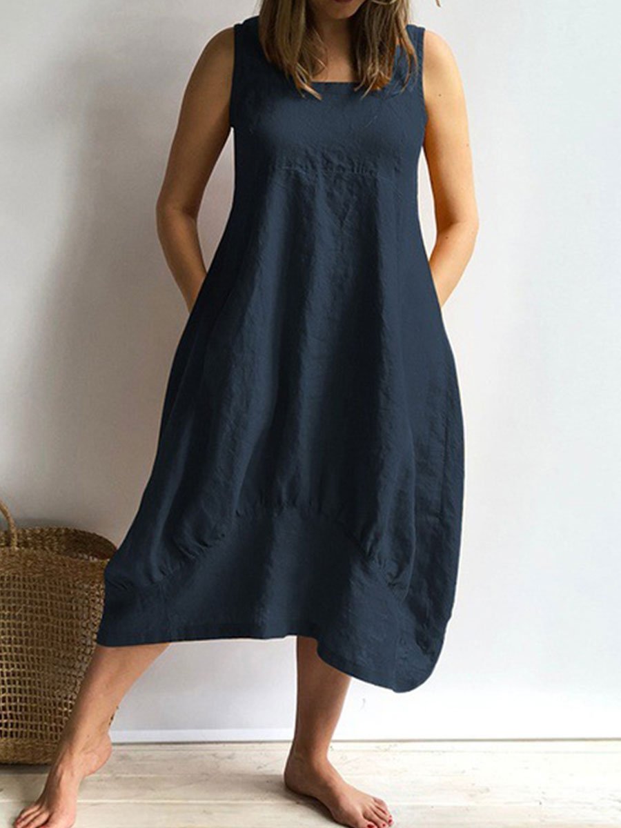 Solid Color Cotton Linen Sleeveless Maternity Dress - dianjiang-