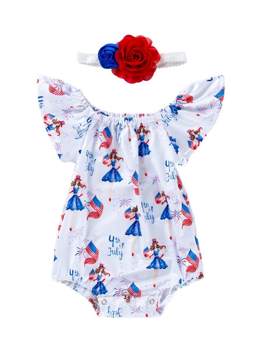 2-Piece 4TH Of July Off Shoulder Romper Matching Headband - dianjiang-