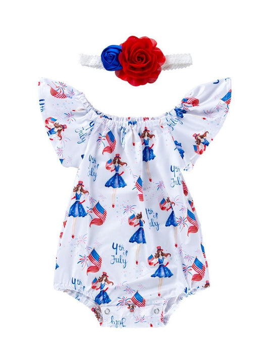 2-Piece 4TH Of July Off Shoulder Romper Matching Headband - dianjiang-