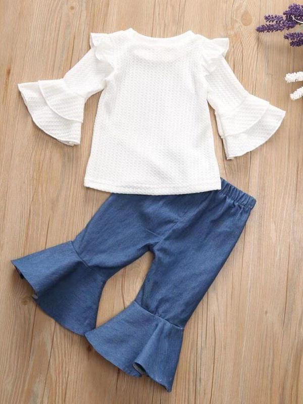 2-Piece Autum Fashion Baby Toddler Girl White Flare & Flutter Sleeve Top + Blue Bell-Bottoms Pants - dianjiang-