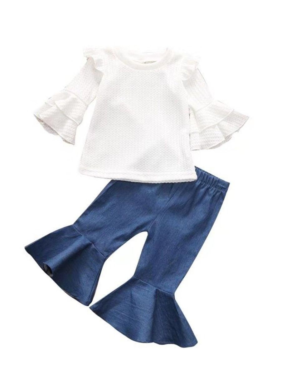 2-Piece Autum Fashion Baby Toddler Girl White Flare & Flutter Sleeve Top + Blue Bell-Bottoms Pants - dianjiang-