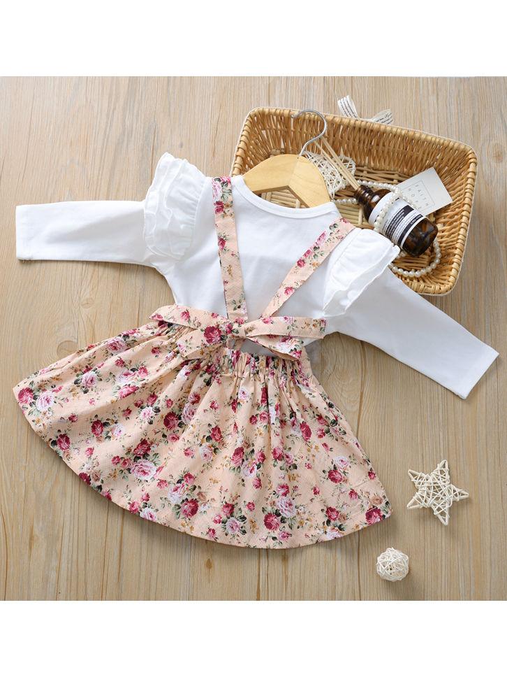 Multi-colored 2-Piece Autumn Baby Girl Clothes Outfit Butterfly Sleeve Romper + Flower Suspender Skirt - dianjiang-