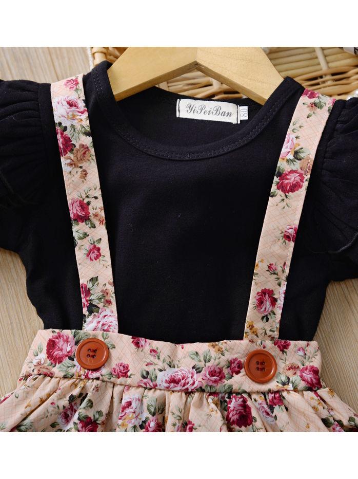 Multi-colored 2-Piece Autumn Baby Girl Clothes Outfit Butterfly Sleeve Romper + Flower Suspender Skirt - dianjiang-
