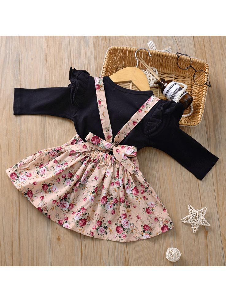 Multi-colored 2-Piece Autumn Baby Girl Clothes Outfit Butterfly Sleeve Romper + Flower Suspender Skirt - dianjiang-