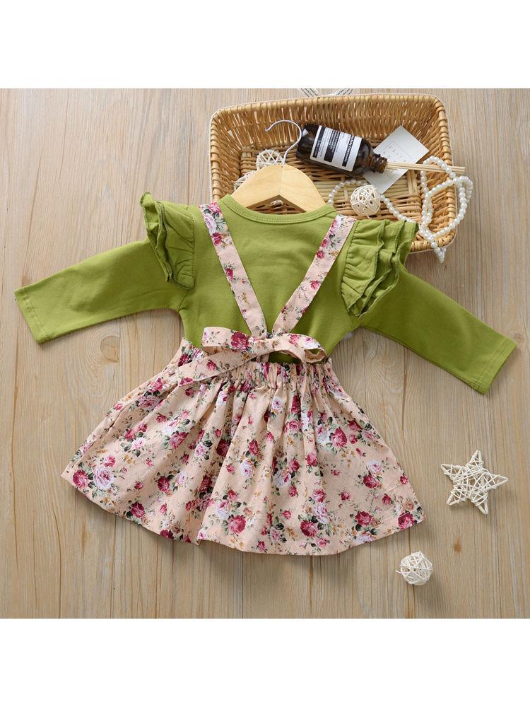 Multi-colored 2-Piece Autumn Baby Girl Clothes Outfit Butterfly Sleeve Romper + Flower Suspender Skirt - dianjiang-