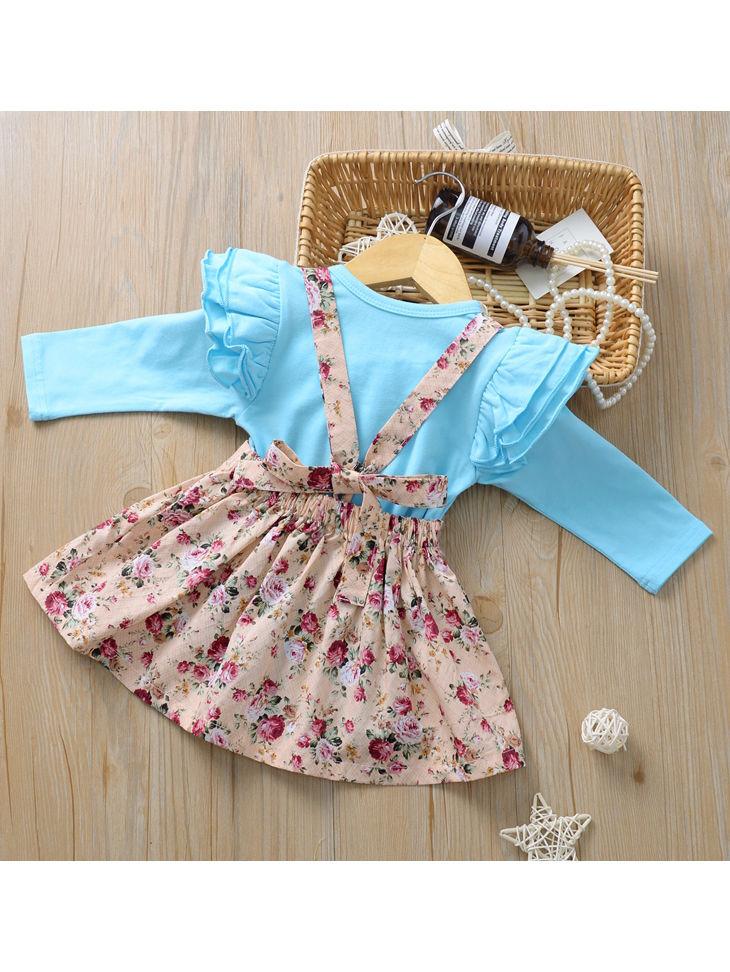 Multi-colored 2-Piece Autumn Baby Girl Clothes Outfit Butterfly Sleeve Romper + Flower Suspender Skirt - dianjiang-