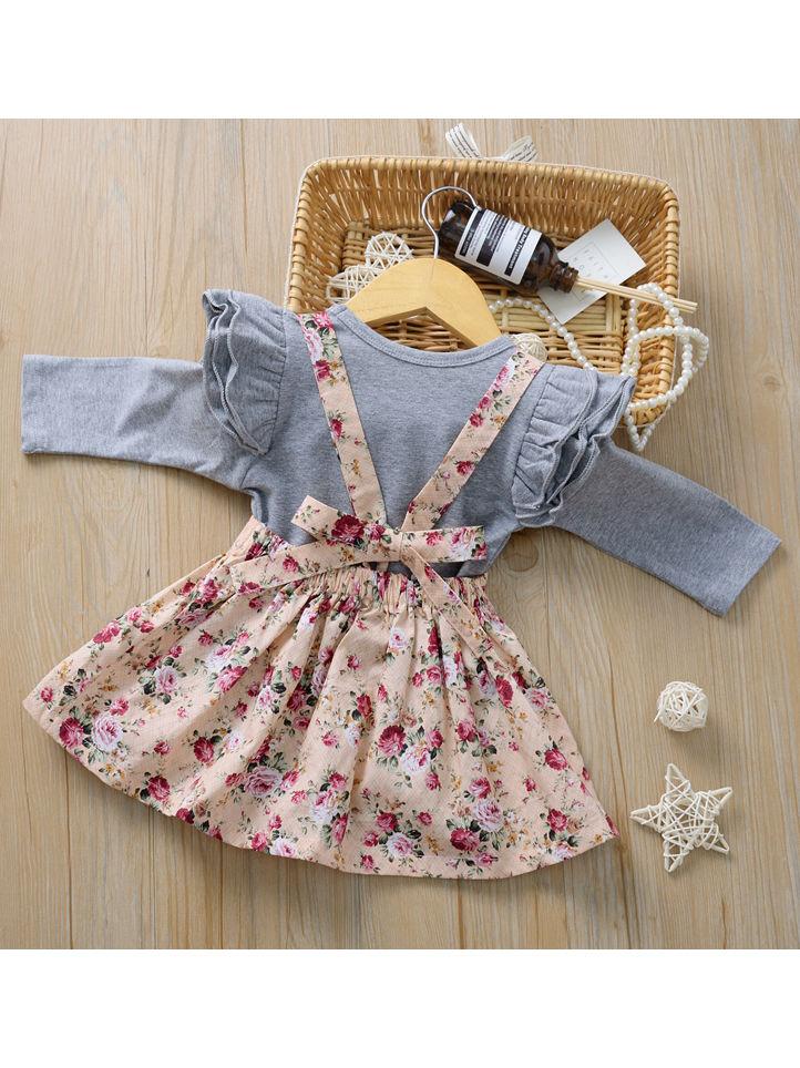Multi-colored 2-Piece Autumn Baby Girl Clothes Outfit Butterfly Sleeve Romper + Flower Suspender Skirt - dianjiang-