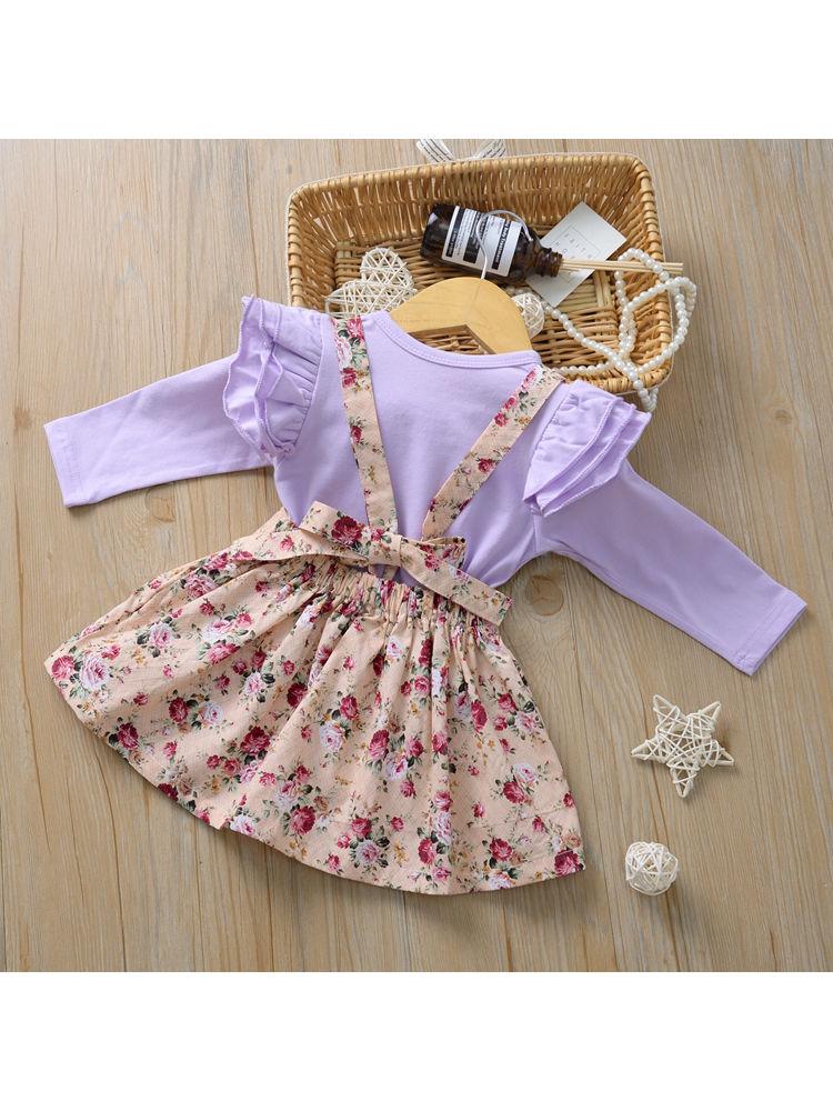 Multi-colored 2-Piece Autumn Baby Girl Clothes Outfit Butterfly Sleeve Romper + Flower Suspender Skirt - dianjiang-