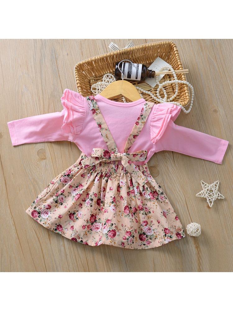 Multi-colored 2-Piece Autumn Baby Girl Clothes Outfit Butterfly Sleeve Romper + Flower Suspender Skirt - dianjiang-