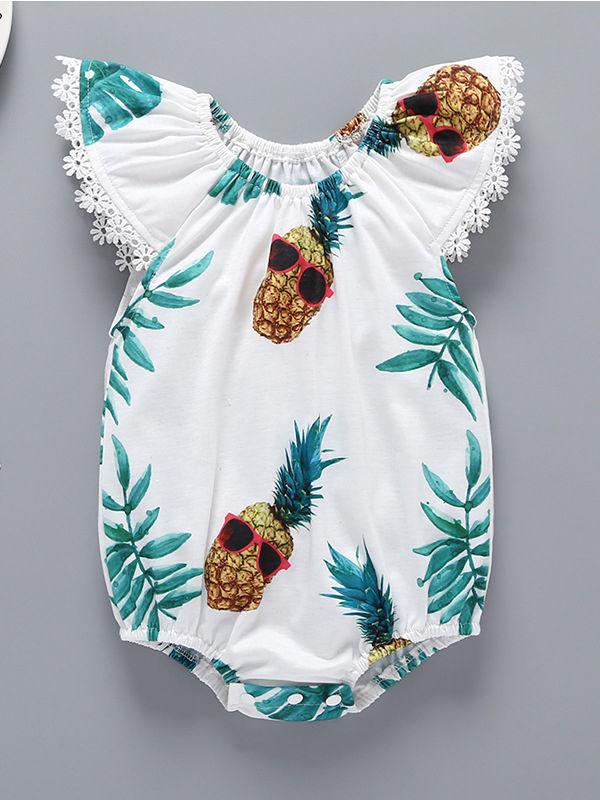 2-Piece Baby Clothes Off Shoulder Pineapple Print Flutter Sleeve Jumpsuit Matching Yellow Jumper Skirt Summer - dianjiang-