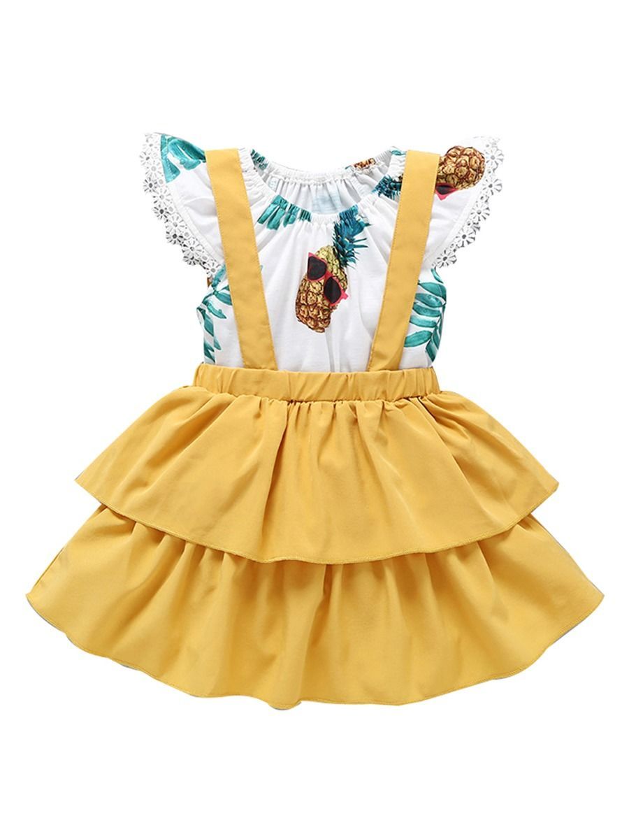 2-Piece Baby Clothes Off Shoulder Pineapple Print Flutter Sleeve Jumpsuit Matching Yellow Jumper Skirt Summer - dianjiang-