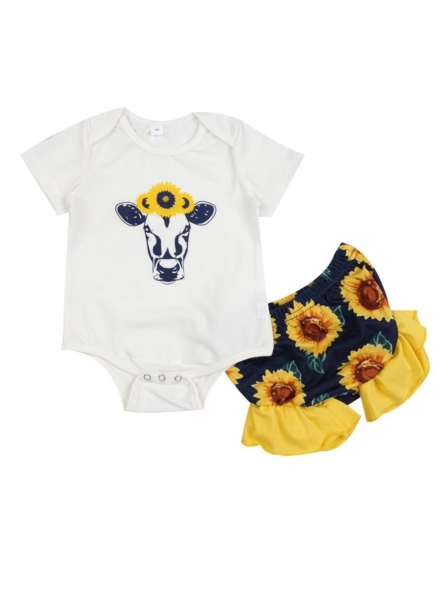 2-Piece Outfits Baby Cow Bodysuit Matching Frilled Sunflower Shorts - dianjiang-