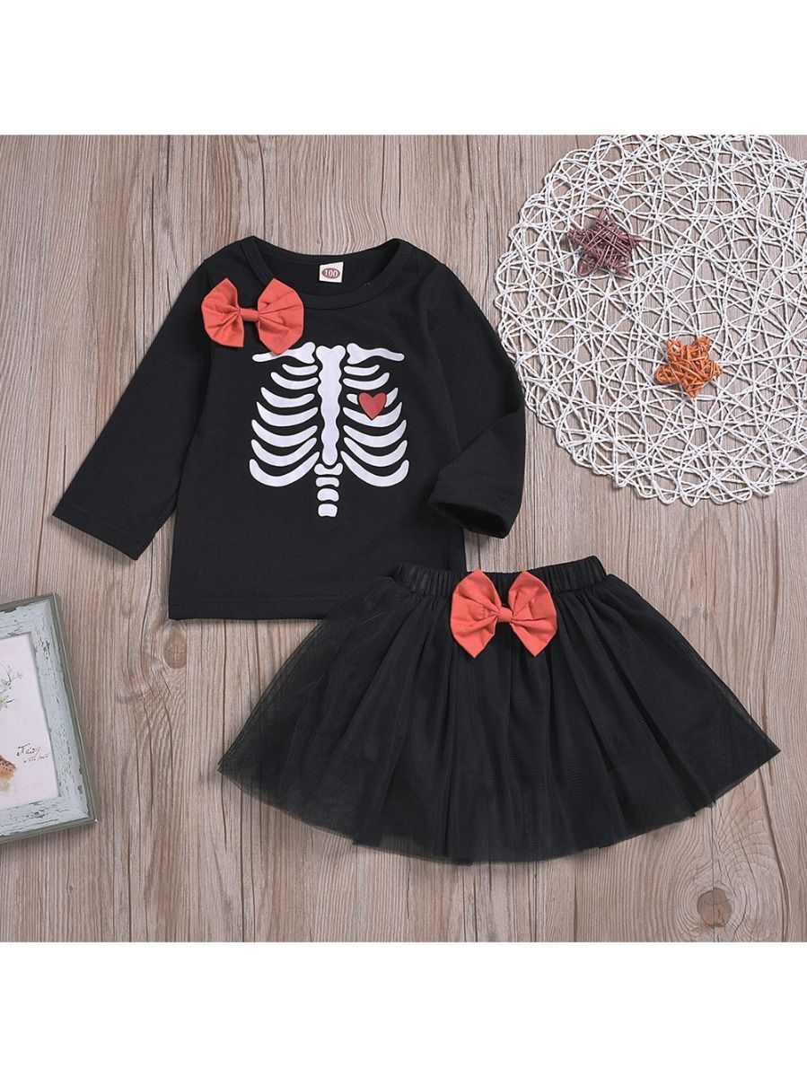 2-Piece Baby Toddler Girl Halloween Outfit Tee + Black Mesh Skirt - dianjiang-