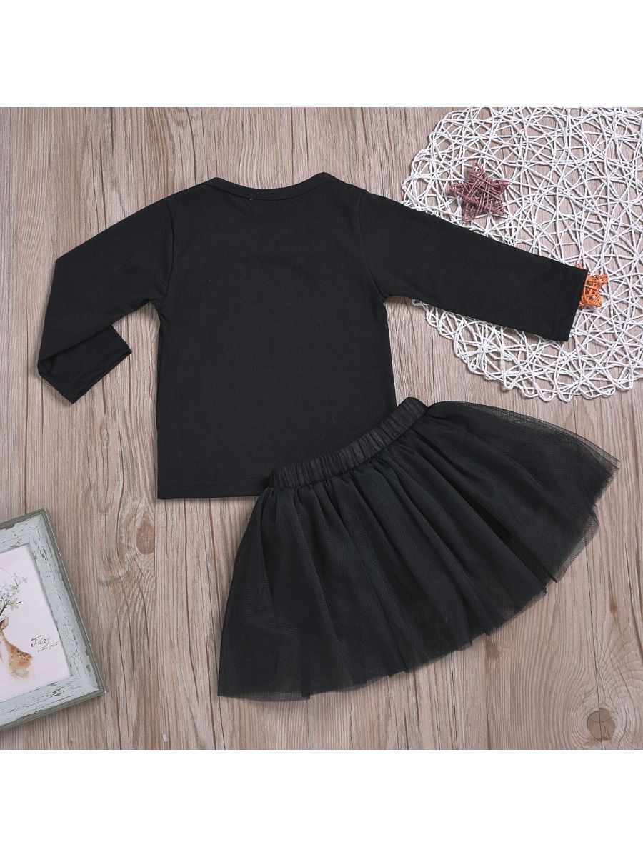 2-Piece Baby Toddler Girl Halloween Outfit Tee + Black Mesh Skirt - dianjiang-
