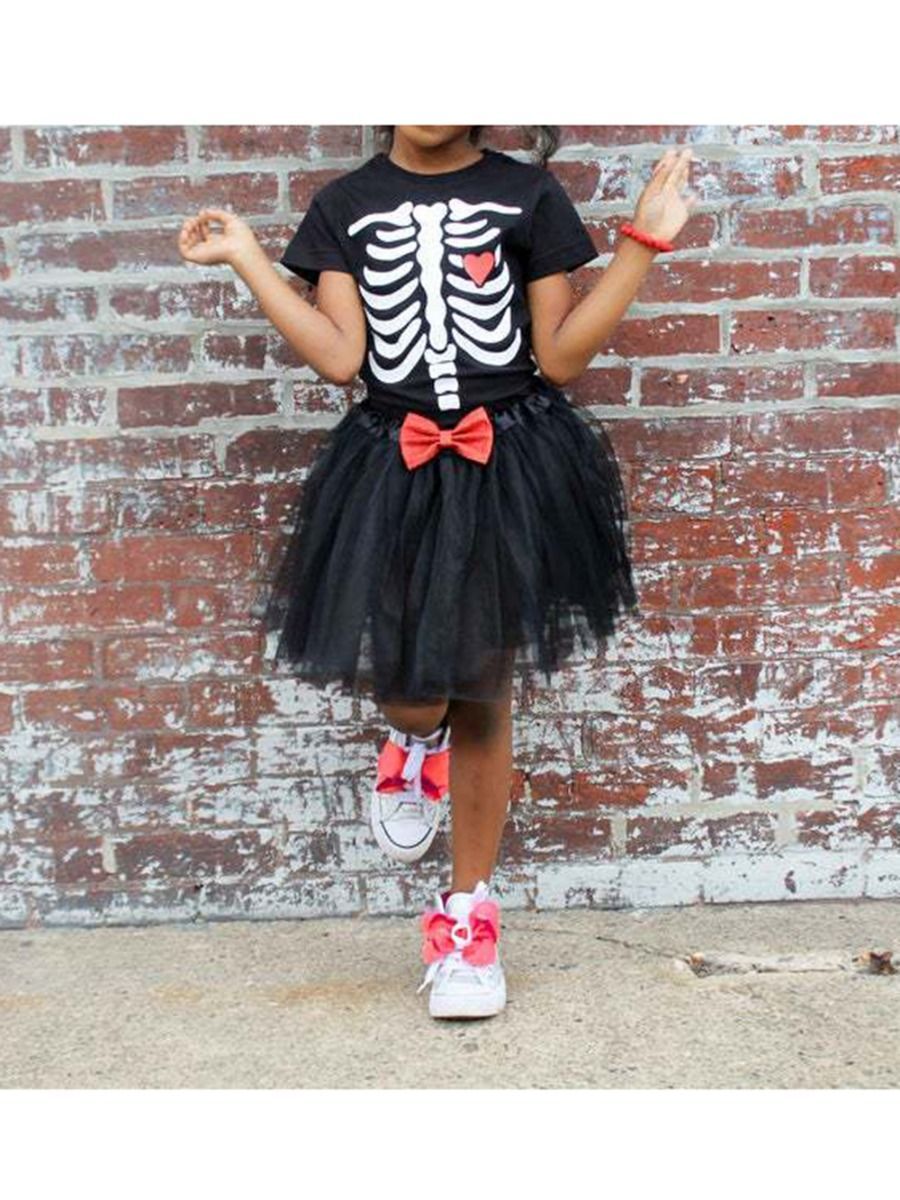2-Piece Baby Toddler Girl Halloween Outfit Tee + Black Mesh Skirt - dianjiang-