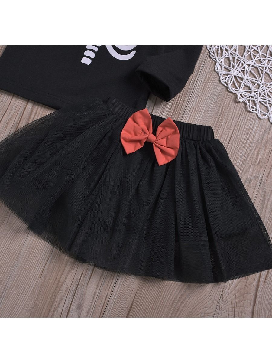 2-Piece Baby Toddler Girl Halloween Outfit Tee + Black Mesh Skirt - dianjiang-