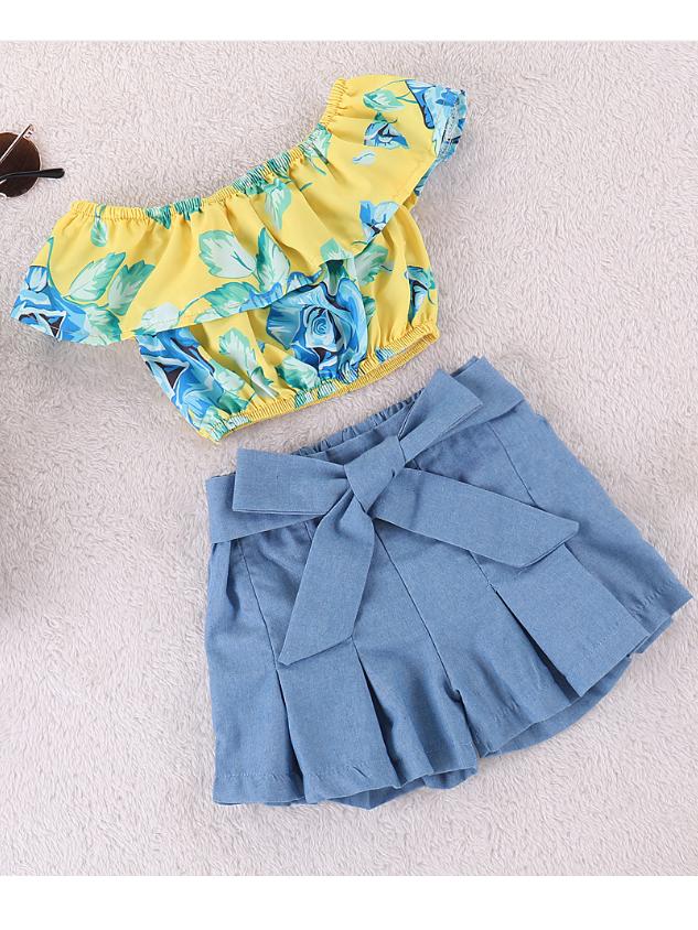 2-Piece Baby Toddler Girl Set Flower Off Shoulder Top+Big Bow Shorts - dianjiang-