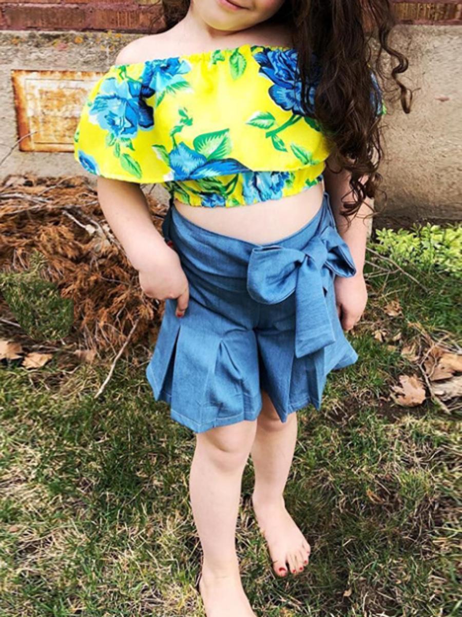 2-Piece Baby Toddler Girl Set Flower Off Shoulder Top+Big Bow Shorts - dianjiang-