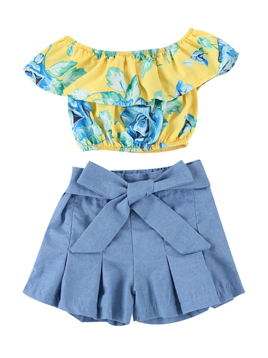 2-Piece Baby Toddler Girl Set Flower Off Shoulder Top+Big Bow Shorts - dianjiang-