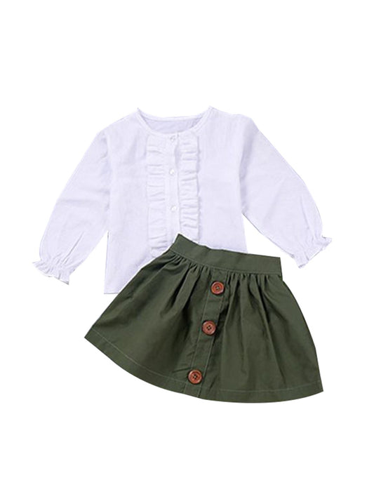 2-Piece Casual Outfit Ruffled White Shirt + Buttoned Green Skirt - dianjiang-