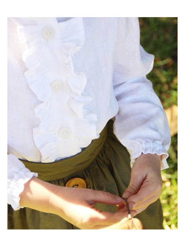 2-Piece Casual Outfit Ruffled White Shirt + Buttoned Green Skirt - dianjiang-