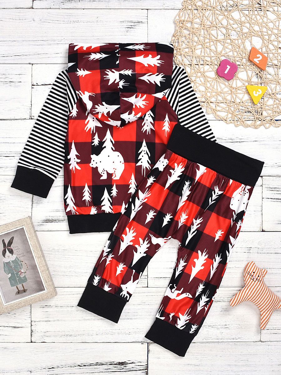 Winter Toddler Unisex Baby 2 Piece Christmas Tree Deer Print Outfit Hoodie and Pants - dianjiang-