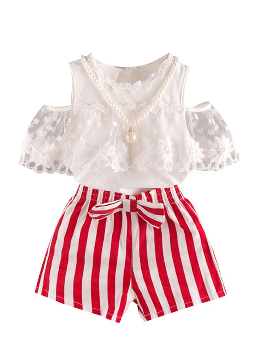 2-Piece Outfit White Flower Lace Off Shoudler Top + Beaded Necklace + Stripe Shorts - dianjiang-