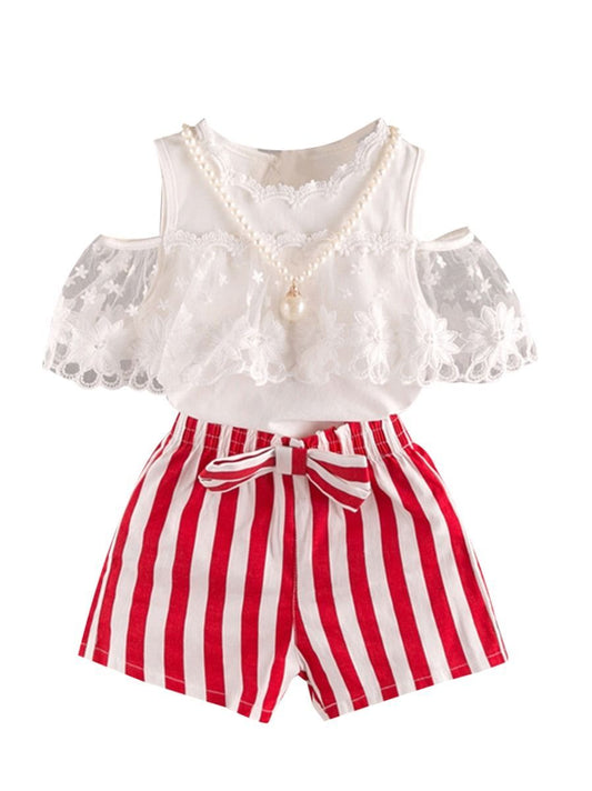 2-Piece Outfit White Flower Lace Off Shoudler Top + Beaded Necklace + Stripe Shorts - dianjiang-