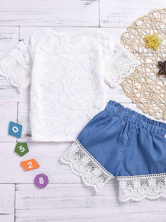 2-Piece Clothes Set White Pierced Flower T-shirt+Lace-trimmed Short Pants - dianjiang-