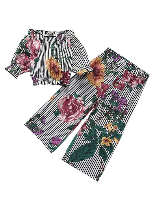 Baby Little Girl Clothing 2-Piece Flower Outfit Set Off Shoulder Top Matching Pants - dianjiang-