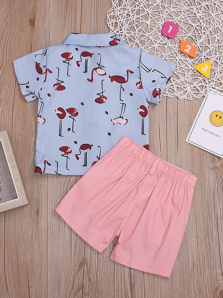 2-Piece Flamingo Outfit Turn-down Collar Shirt + Pink Shorts for Baby Toddler Kids - dianjiang-