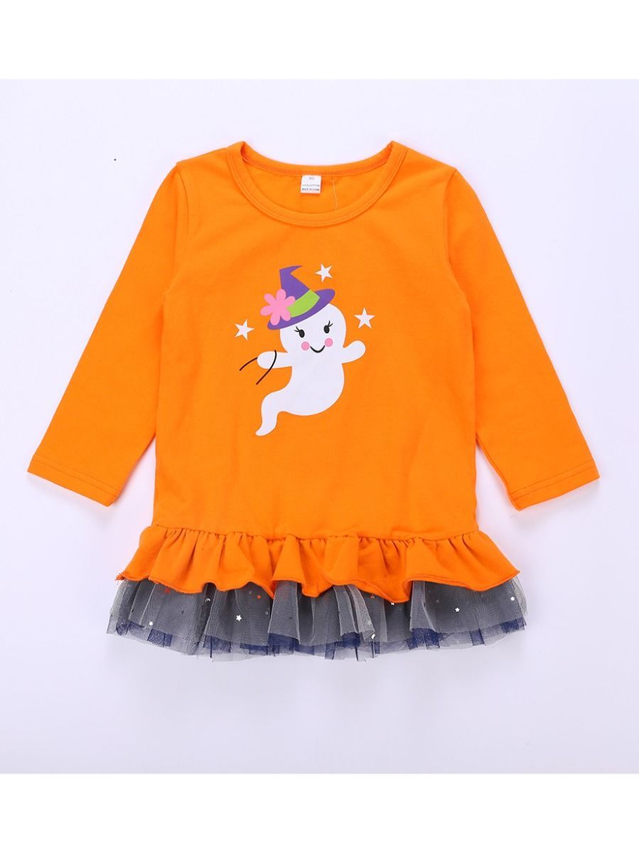 2-Piece Halloween Outfits Pumpkin Color Hem Top Matching Ruffle Pants - dianjiang-