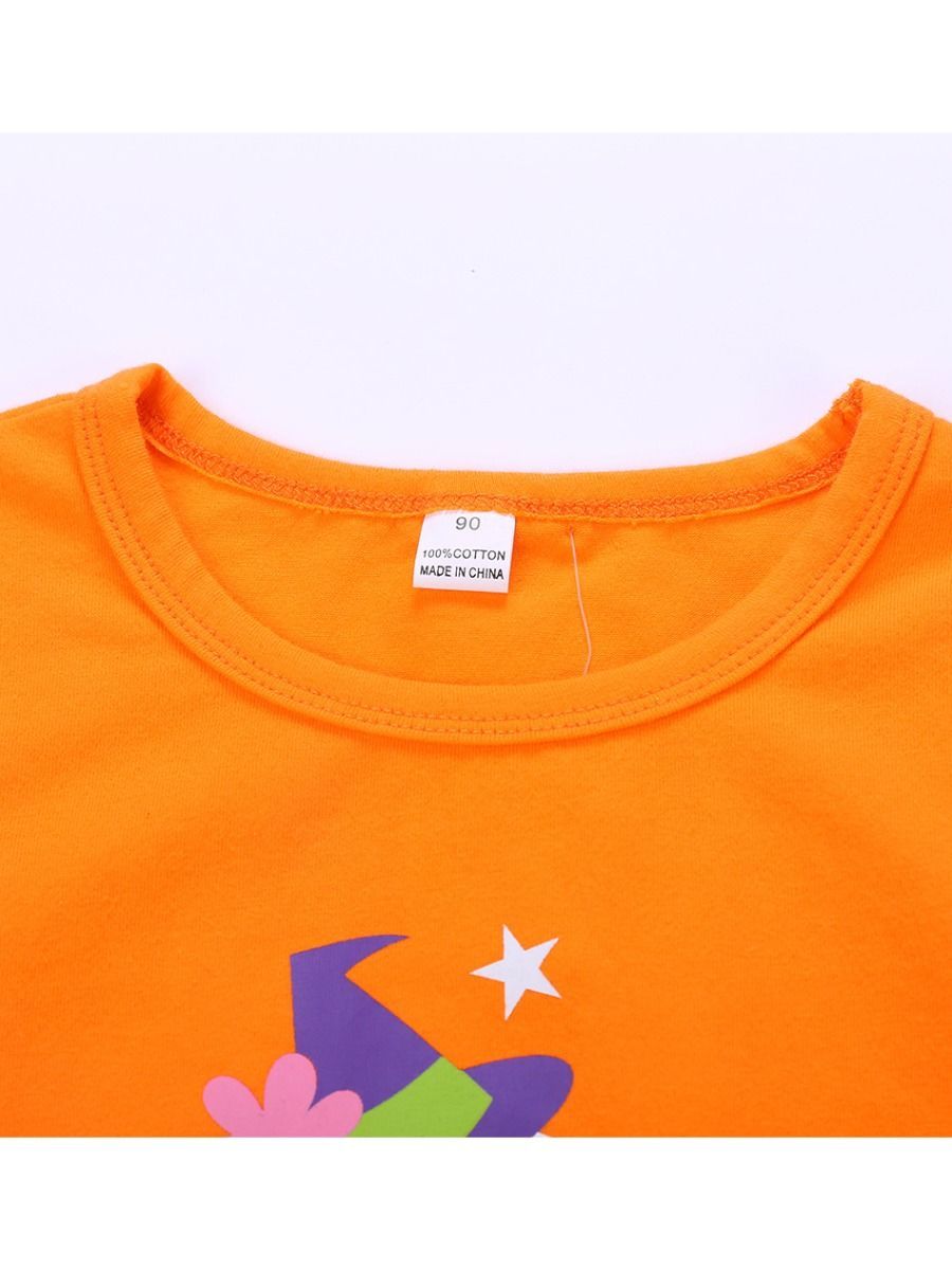 2-Piece Halloween Outfits Pumpkin Color Hem Top Matching Ruffle Pants - dianjiang-