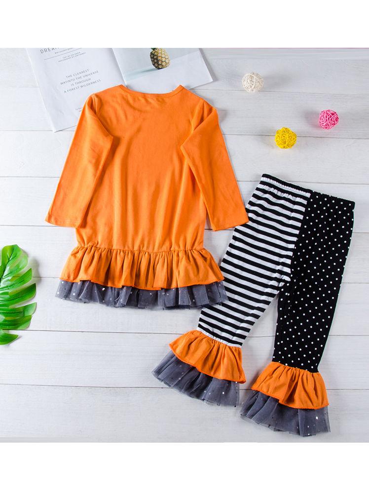 2-Piece Halloween Outfits Pumpkin Color Hem Top Matching Ruffle Pants - dianjiang-