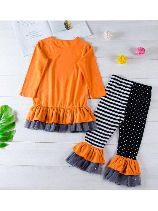 2-Piece Halloween Outfits Pumpkin Color Hem Top Matching Ruffle Pants - dianjiang-