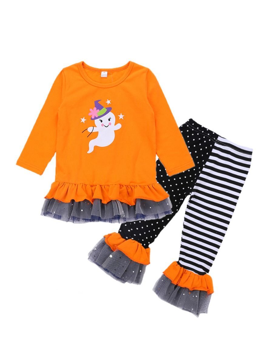2-Piece Halloween Outfits Pumpkin Color Hem Top Matching Ruffle Pants - dianjiang-