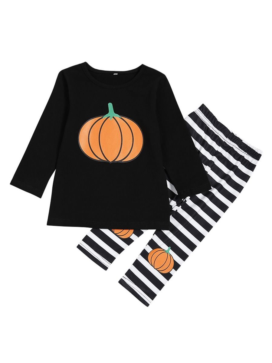 2-Piece Halloween Pumpkin Black T-shirt +Stripe Trousers - dianjiang-