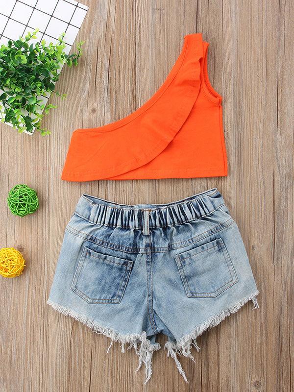 2-Piece One Shoulder Ruffle Crop Top+Ripped Short Jeans for Summer Baby Little Girl - dianjiang-
