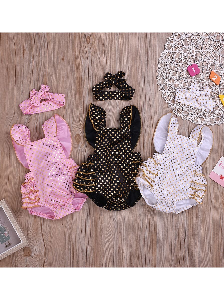 2-Piece Onesie Polka Dots Ruffle Jumpsuit + Headband - dianjiang-