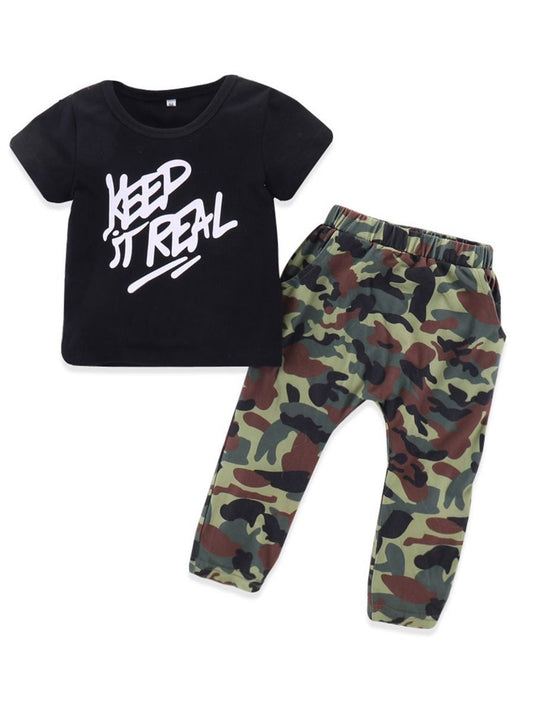 2-Piece Outfit Baby Little Boy KEEP IT REAL Black T-shirt + Camo Trousers - dianjiang-